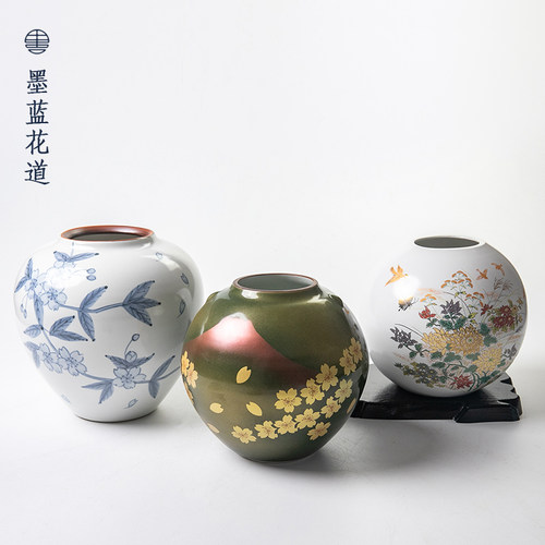 日本进口九谷烧彩绘陶瓷罐花器日式插花器皿客厅艺术收藏花瓶摆件_虎窝淘