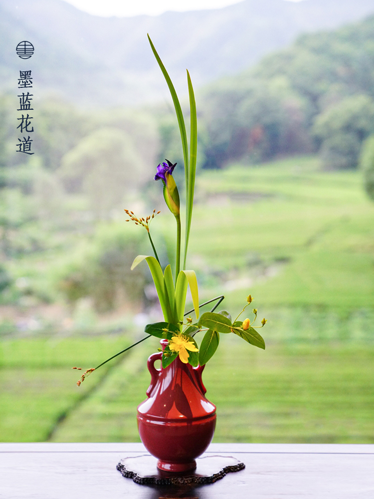 厂墨蓝花器道红色陶瓷禅意花瓶中式插花器皿客厅桌面摆件日式插促 - 图2