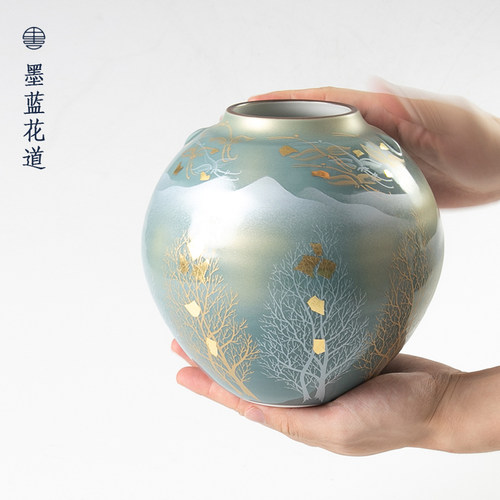 日本进口九谷烧彩绘陶瓷罐花器日式插花器皿客厅艺术收藏花瓶摆件_虎窝淘