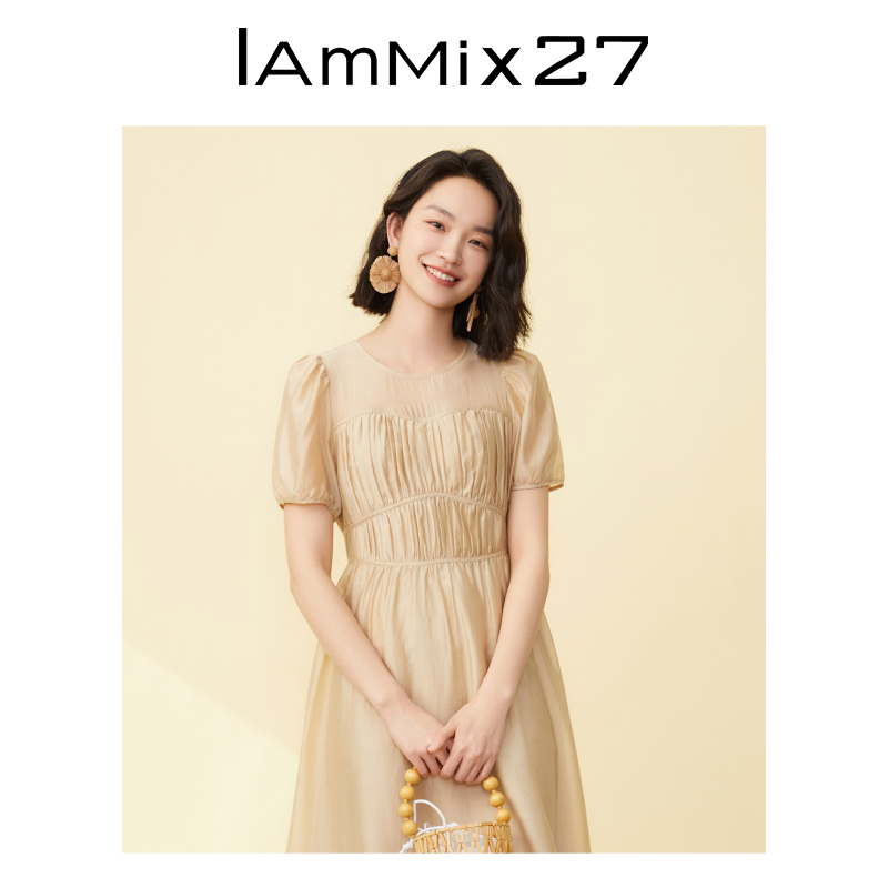 IAmMIX27短袖连衣裙女夏季个性压褶减龄泡泡袖圆领中长款A字裙女