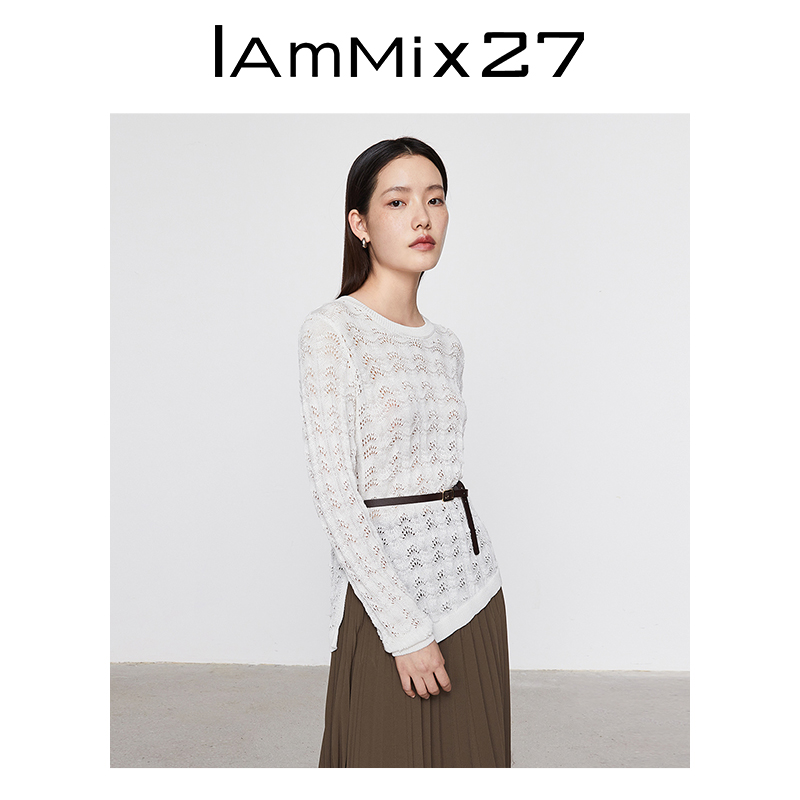 IAmMIX27套头针织衫女个性不对称开衩镂空提花白色圆领针织上衣女-图1