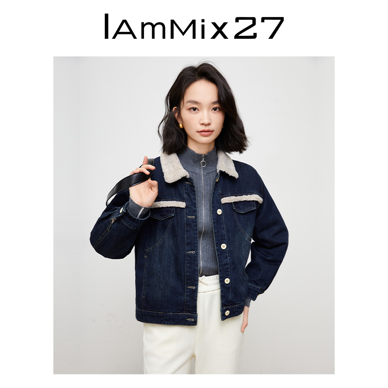 IAmMIX27加厚牛仔夹棉外套女冬季落肩宽松仿羊羔毛拼接翻领棉服女