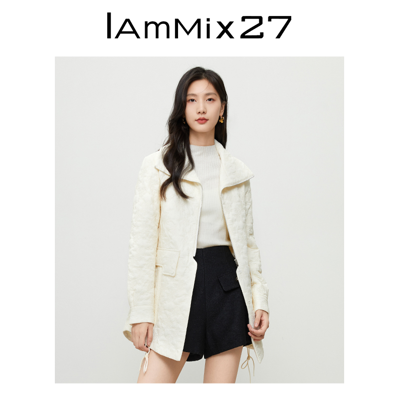 IAmMIX27秋冬大翻领薄棉衣女中长款休闲百搭白色夹棉刺绣棉服外套