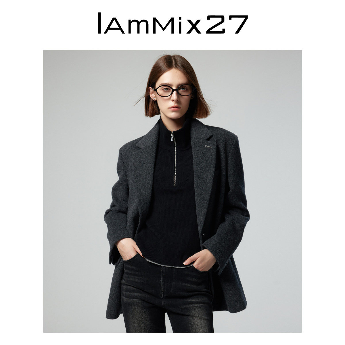 IAmMIX27秋冬毛呢外套女宽松加厚保暖黑色百搭纯羊毛休闲毛呢西服,淘宝优惠券,粉丝福利购,淘宝优惠卷