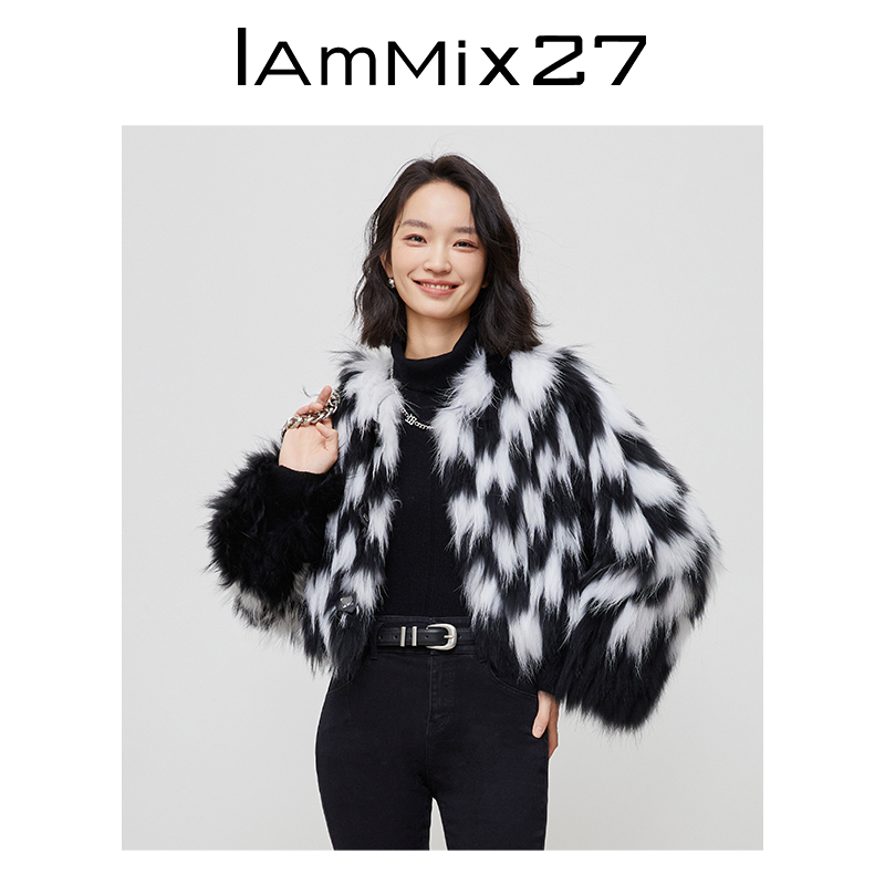 IAmMIX27冬季皮草外套女轻奢貉子毛休闲落肩黑白撞色短款圆领皮草