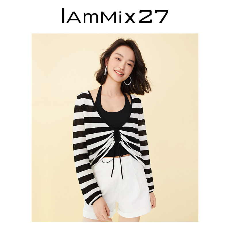 IAmMIX27春夏v领套头薄针织衫女宽松休闲百搭条纹吊带背心两件套