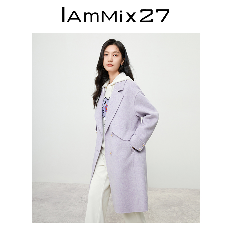 IAmMIX27冬季双面呢大衣女中长款宽松高品质绵羊毛西服领毛呢外套