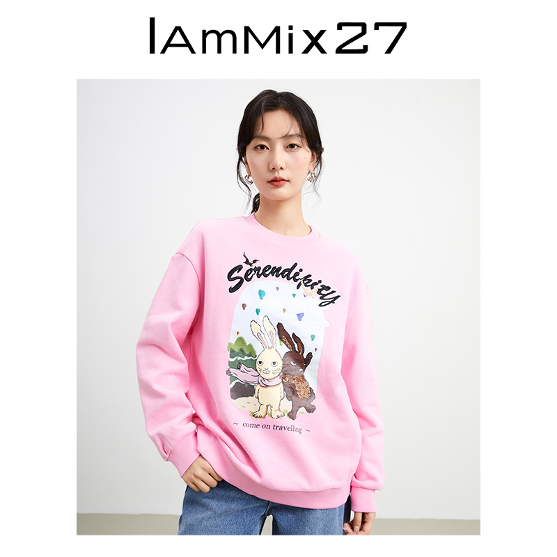 IAmMIX27全棉圆领卫衣女秋冬加厚时尚减龄印绣花宽松针织套头衫女