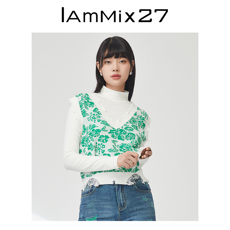 IAmMIX27秋冬v领毛线背心女薄款小众毛边破洞百搭打底针织衫马甲