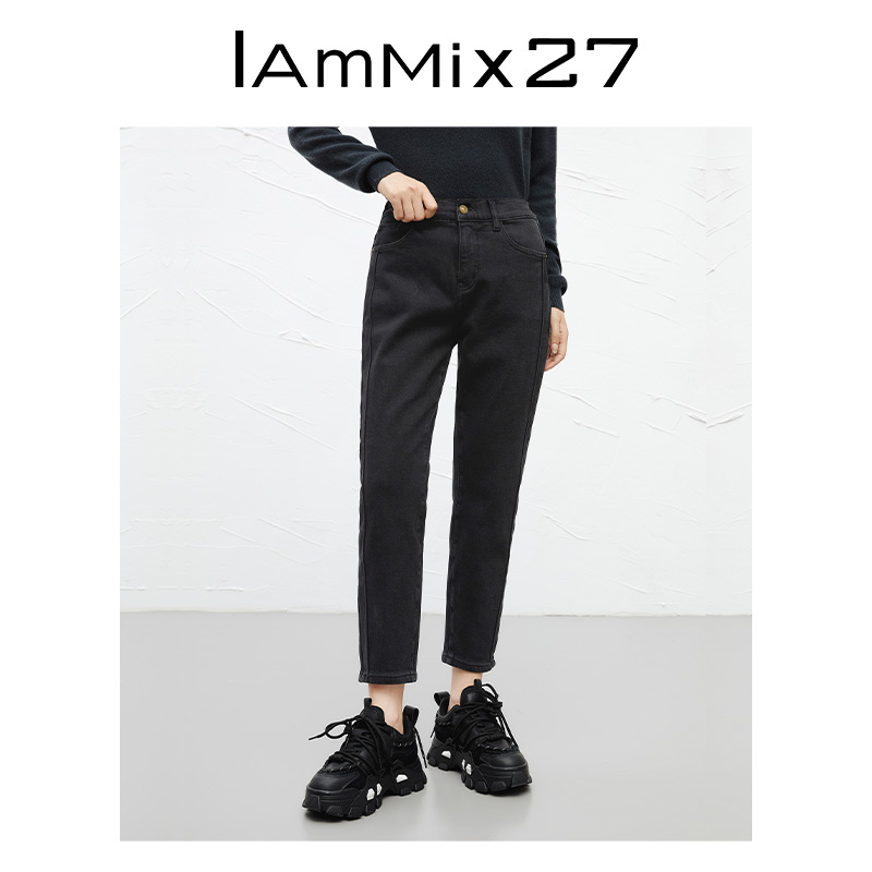 IAmMIX27黑色直筒牛仔裤女秋冬加厚拉绒休闲百搭高腰显瘦烟管裤女