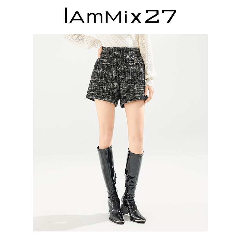 IAmMIX27秋冬加厚短裤女小香风保暖绵羊毛混纺亮丝花呢休闲短裤女