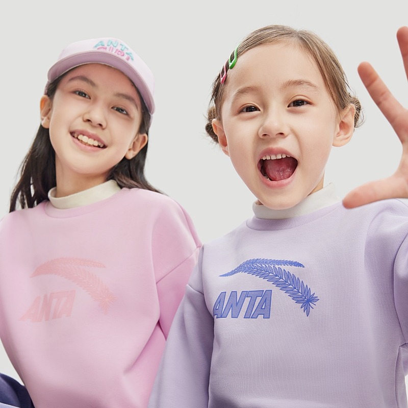 安踏儿童卫衣男女童圆领套头衫2025春新款加绒保暖卫衣大童运动衫