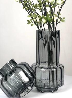 简约百搭灰色竖条纹玻璃花瓶软装饰品插花摆件工艺品花瓶