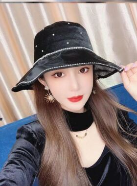 迅仕樊胜水砖款2021新款欧根纱气质渔夫帽女亮面网纱百搭防晒帽