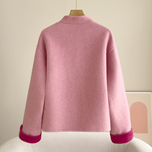 新中式粉色双面羊毛大衣女短款立领盘扣高级感撞色国风羊毛呢外套 - 图3