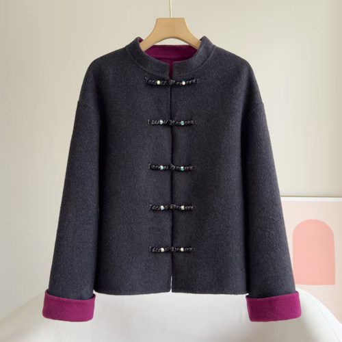 新中式粉色双面羊毛大衣女短款立领盘扣高级感撞色国风羊毛呢外套 - 图1