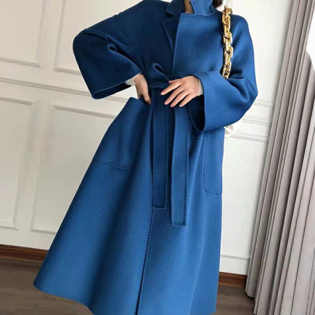 高端水波纹双面羊绒大衣女长款气质西装领过膝浴袍款羊毛双面呢