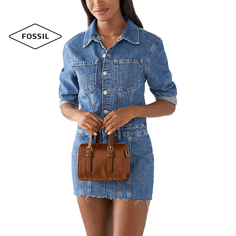 fossil化石棕色真皮春季波士顿包 fossil箱包女士包袋