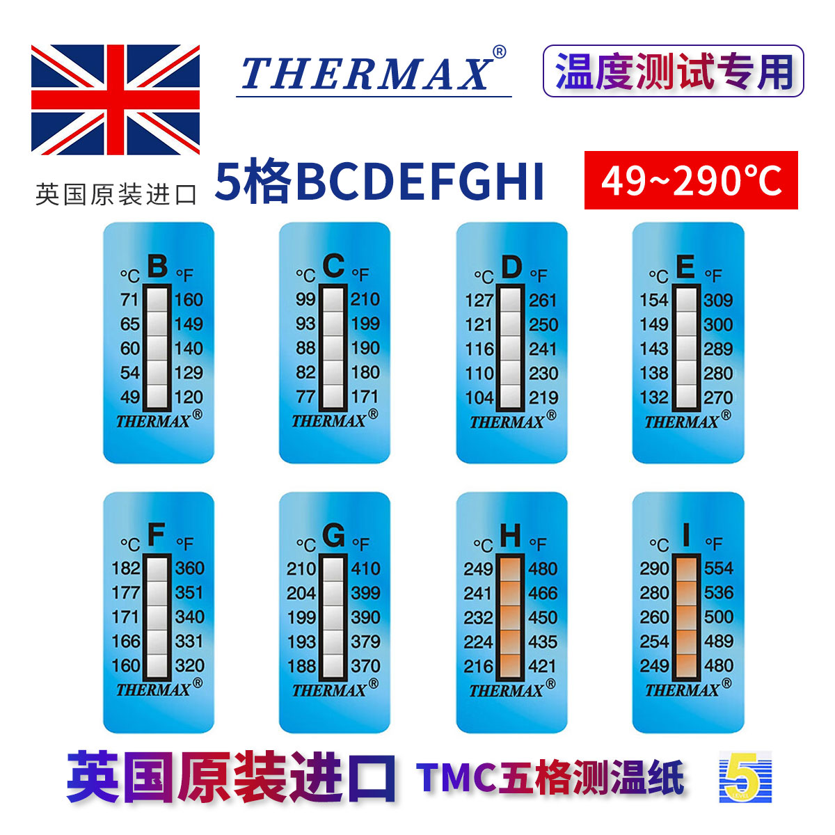 英国Thermax进口测温纸实验室温度测试纸温度贴八格十格10条 - 图1