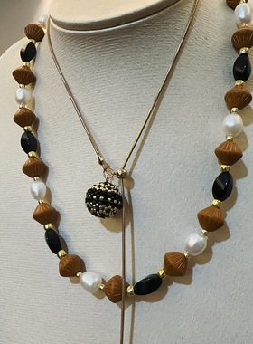 黑金球米珠串珠小众设计师款编织抽拉项链毛衣链