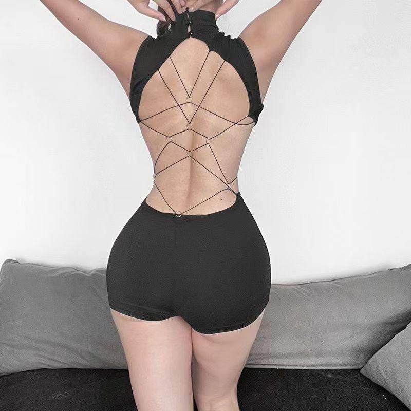 极简高级感露背设计高领连体裤纯欲镂空修身显瘦短裤女,淘宝优惠券,粉丝福利购,淘宝优惠卷