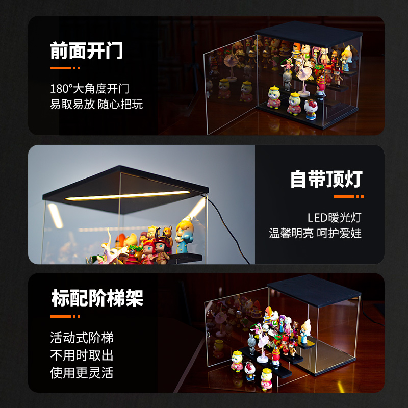 适用公仔手办带灯收纳盒积木模型亚克力透明展示盒盲盒潮玩防尘罩 - 图2