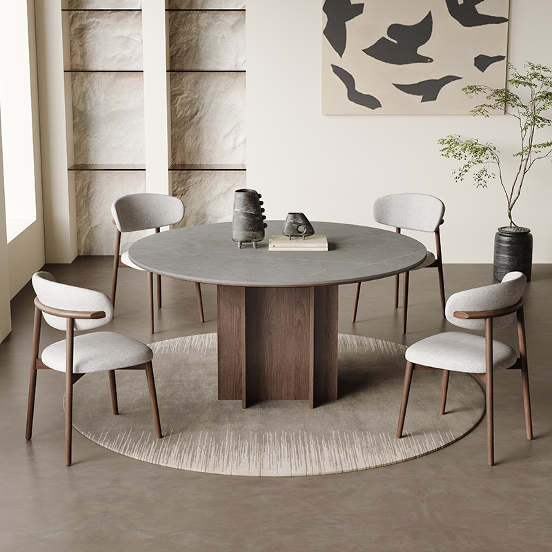 法式中古风实木餐桌圆形带转盘家用现代简约橡木灰色北欧岩板餐桌-图1
