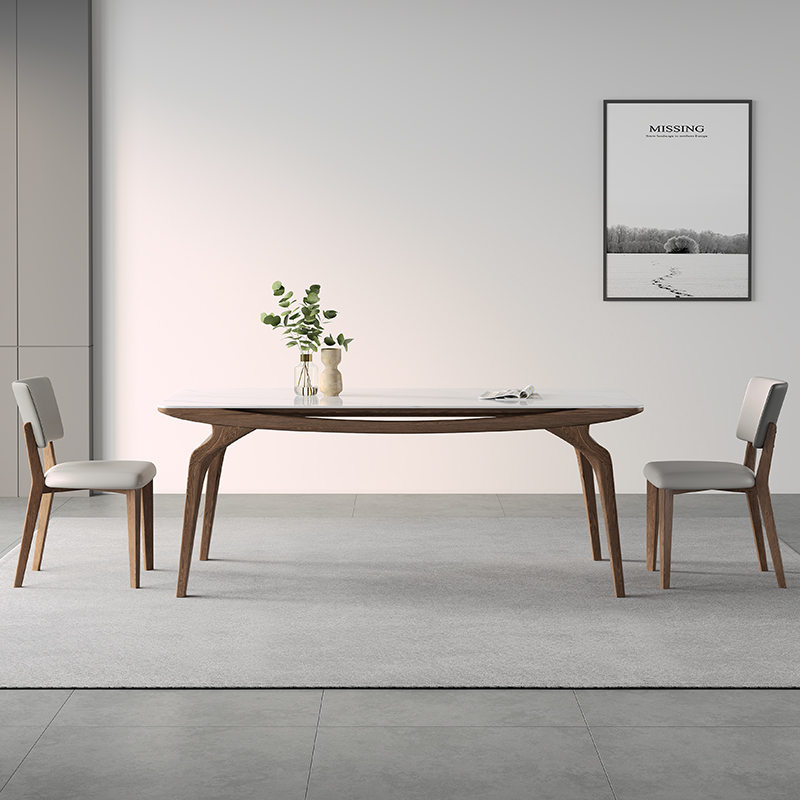 进口白蜡木实木岩板餐桌亮光面胡桃色简约现代设计师新款巨蟹餐桌-图0