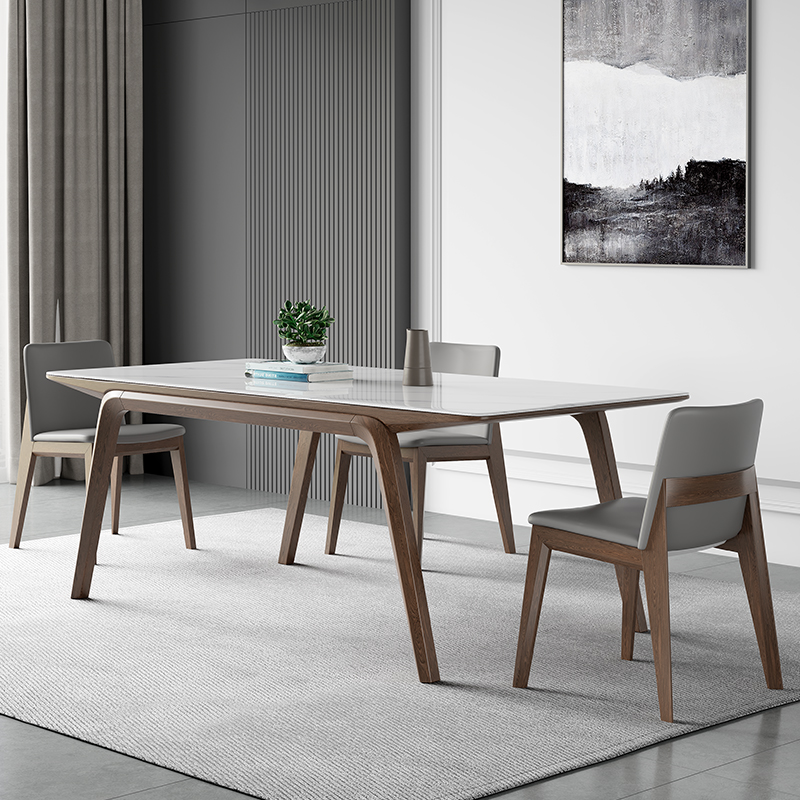 实木岩板餐桌现代简约进口白蜡木实木腿长方形亮光白色岩板餐桌椅