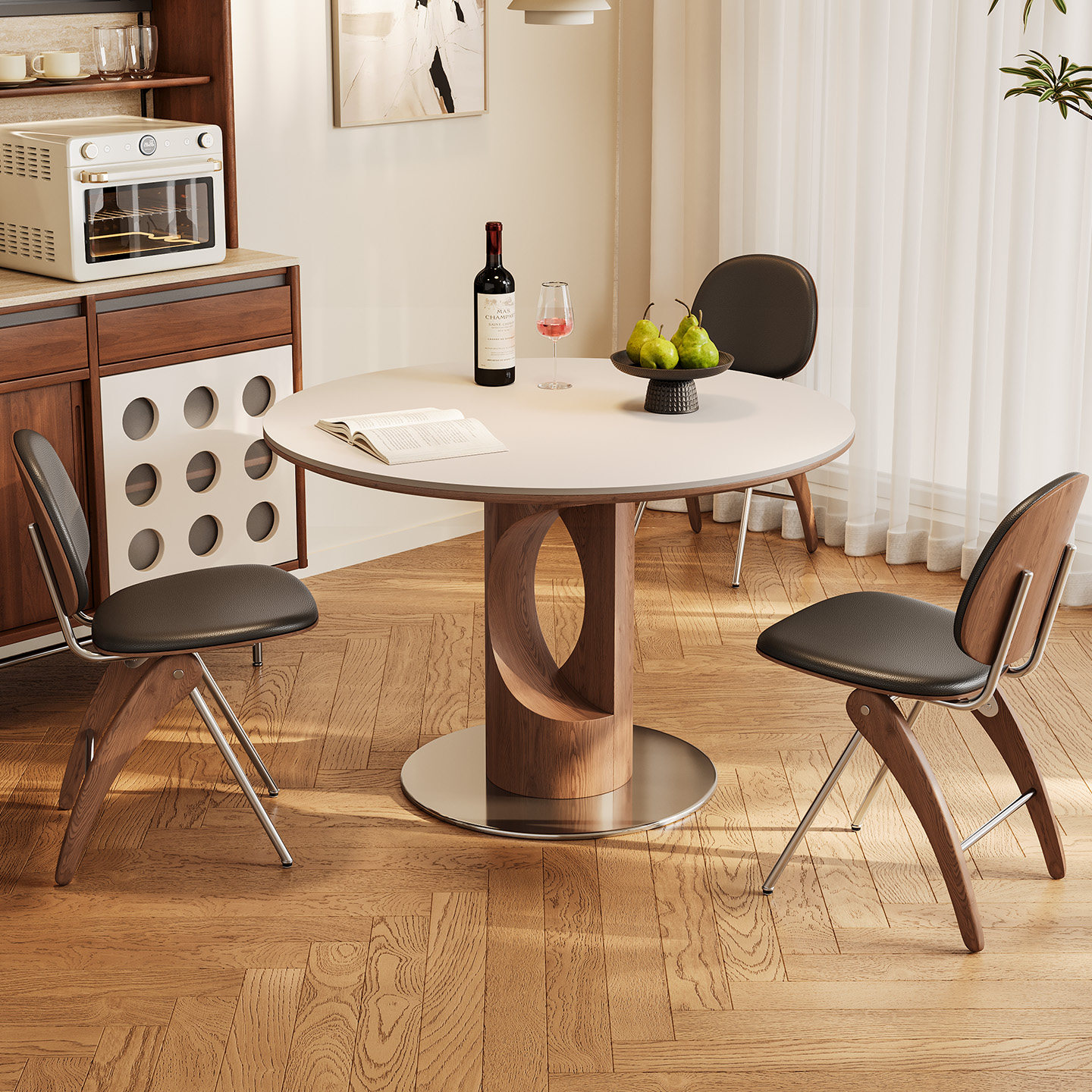 奥古斯特实木餐桌圆桌中古风家用小户型新款1米圆形黑色岩板餐桌,淘宝优惠券,粉丝福利购,淘宝优惠卷