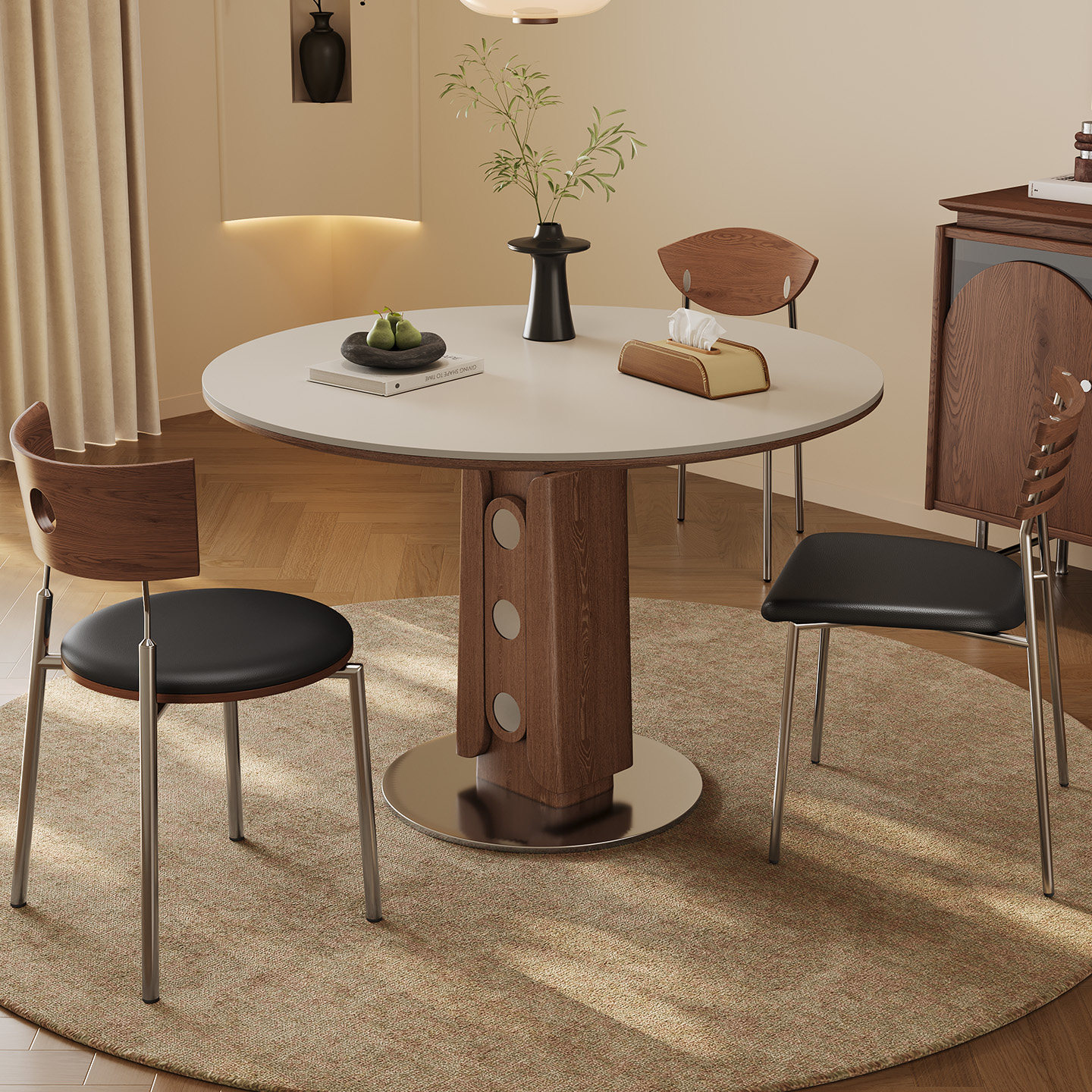 实木餐桌中古风胡桃木色小户型餐厅家用圆桌2026新款哑光岩板餐桌,淘宝优惠券,粉丝福利购,淘宝优惠卷