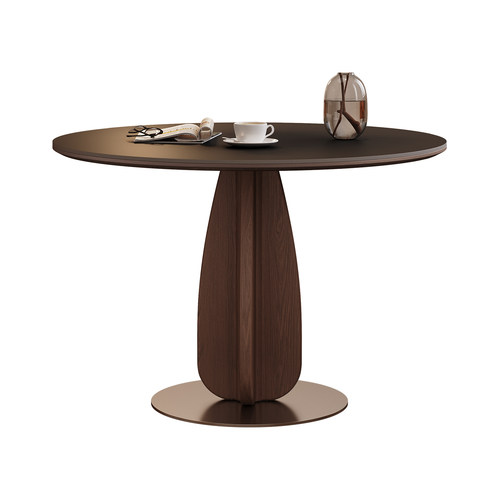 实木餐桌圆形小户型家用现代简约洽谈桌中古风胡桃色黑色岩板餐桌 - 图3