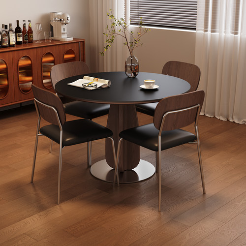 实木餐桌圆形小户型家用现代简约洽谈桌中古风胡桃色黑色岩板餐桌 - 图2