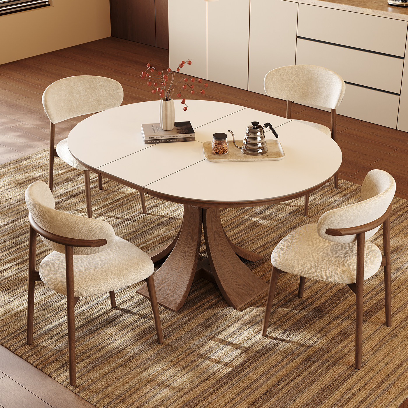 岩板餐桌可伸缩中古风家用小户型折叠长桌现代简约可变圆实木餐桌,淘宝优惠券,粉丝福利购,淘宝优惠卷