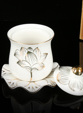 陶瓷供杯浮雕莲花供水杯佛堂摆件