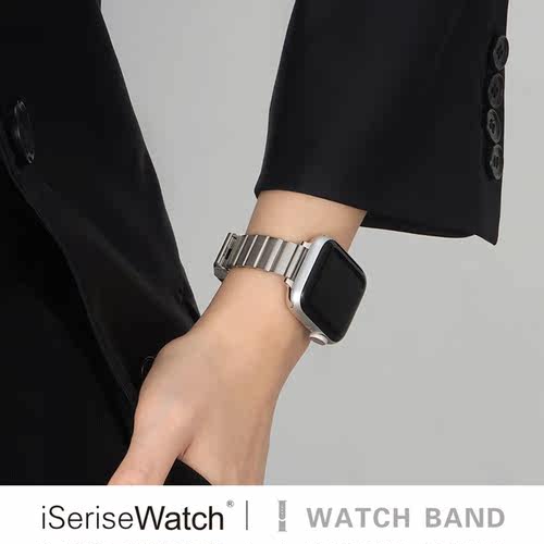 iserisewatch适用applewatchs11表带苹果手表10代iwatchs9金属链式s7细高级创意不锈钢45/41mm夏天透气男女款 - 图0