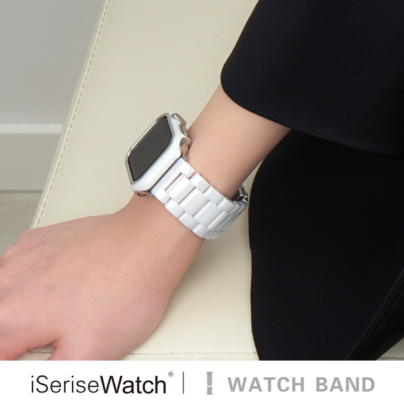iserisewatch适用applewatchs10小众表带苹果手表11代表带iwatchs9金属41/45mm白色陶瓷链式新款男夏天透气女