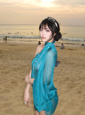 蓝色防晒薄款沙滩百搭披肩丝巾女