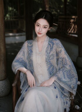 水墨蓝调禅意腰果花防晒披肩围巾