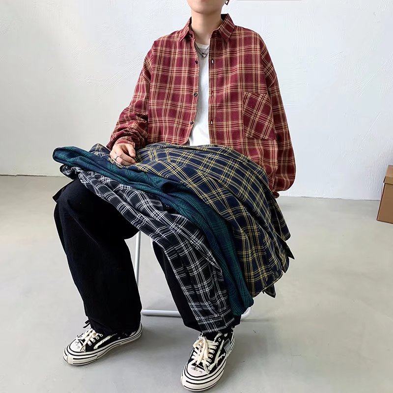 格子衬衫男韩版潮流长袖衫ins休闲百搭打底上衣帅气情侣衬衣外套,淘宝优惠券,粉丝福利购,淘宝优惠卷