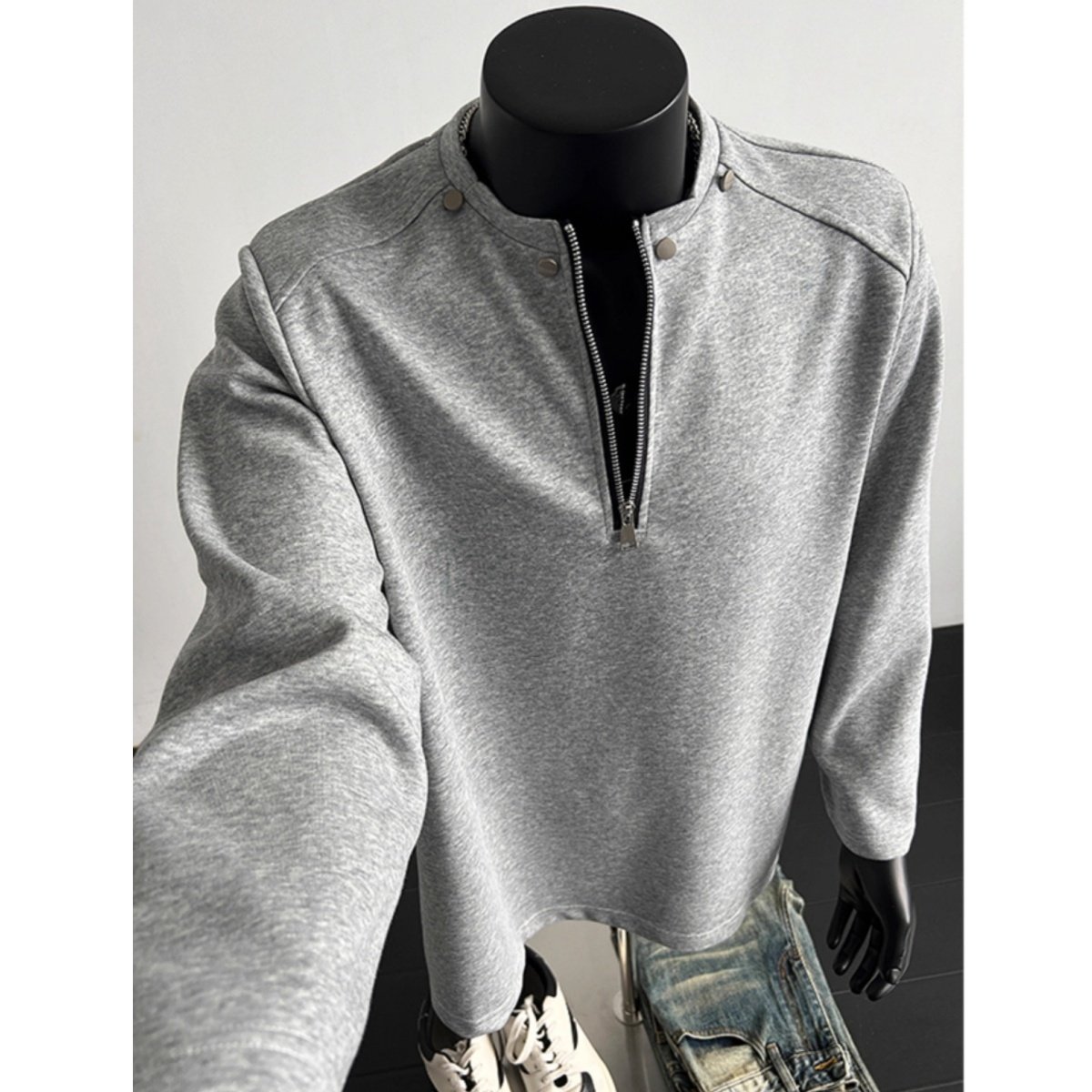 美式高街半拉链卫衣男秋冬加绒加厚小众设计金属铆钉百搭长袖t恤,淘宝优惠券,粉丝福利购,淘宝优惠卷