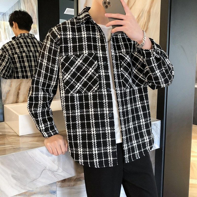 秋季新款拼色格子衬衣外套男士潮流宽松休闲百搭长袖衬衫夹克上衣,淘宝优惠券,粉丝福利购,淘宝优惠卷