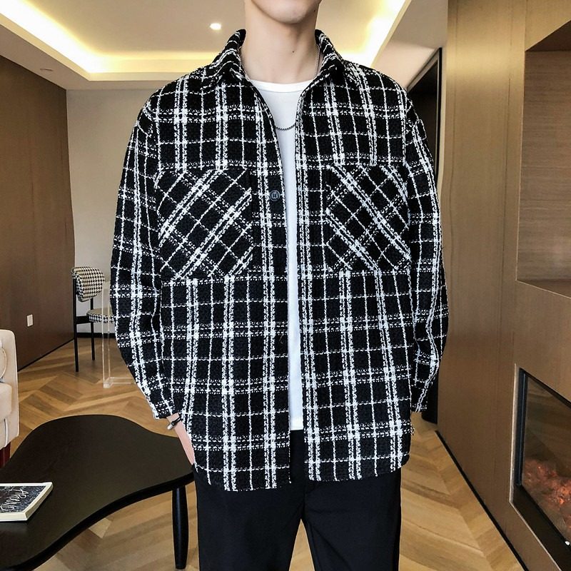 秋季新款拼色格子衬衣外套男士潮流宽松休闲百搭长袖衬衫夹克上衣,淘宝优惠券,粉丝福利购,淘宝优惠卷