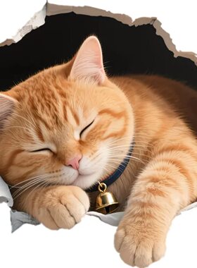 挂铃铛的橘猫贴纸新款可爱小猫自粘墙贴衣柜门窗装饰贴画防水贴车