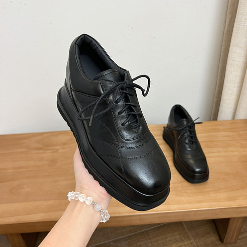 10cm内增高女鞋红色复古真皮系带方头松糕鞋坡跟小个子显脚小单鞋 - 图0