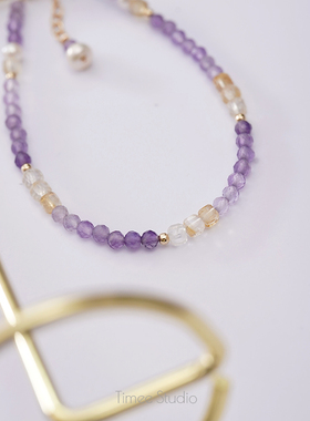 Timee恬觅 栀紫 天然渐变紫水晶黄水晶淡水珍珠延长链手链手串