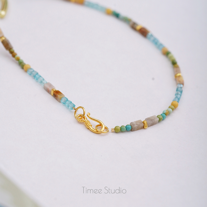 Timee恬觅 柠檬草 天然绿松蓝磷灰金膏玉玛瑙925银镀金项链礼物 - 图2