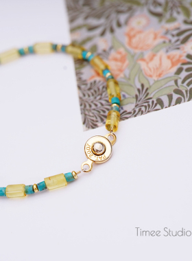 Timee恬觅 夕照 天然绿松琥珀虎眼石镀金按扣手链手串送人礼物