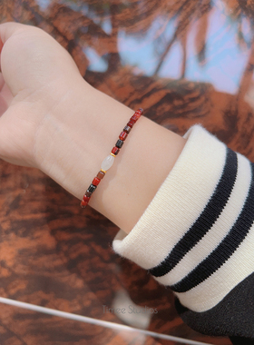 Timee恬觅 冬禧 天然红玛瑙翡翠古法银镀金弹力绳手链手串