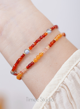 Timee恬觅 锦鲤抄 天然红玛瑙灰月光石捷克琉璃珠弹力绳手链手串